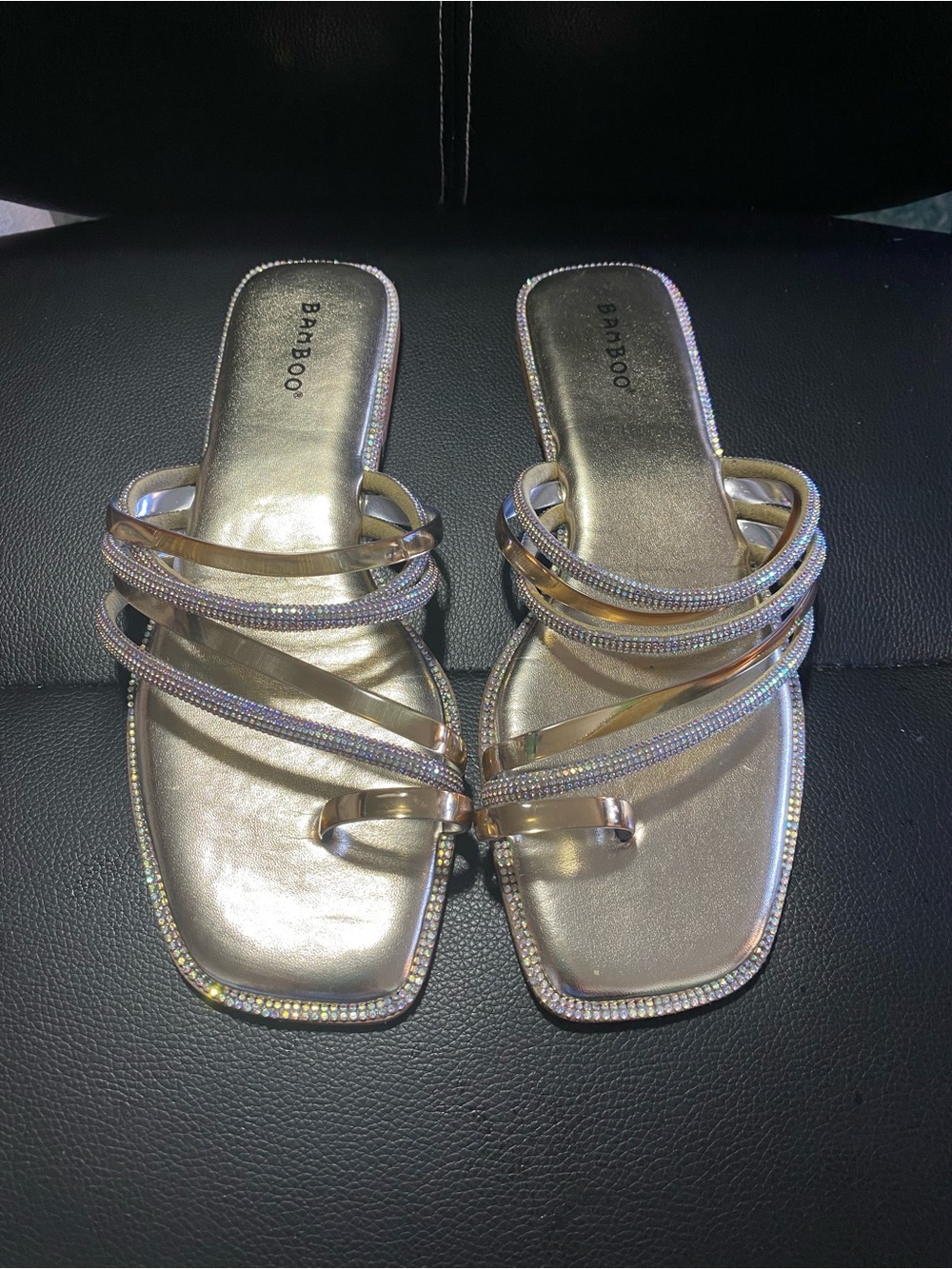 Bamboo Gold Metallic Strappy Slide Sandals with Rhinestones Size 9